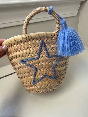Woven Straw Kids Bag with Blue Star and Tassel Accent